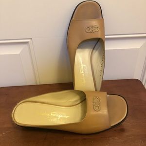 Salvatore Ferragammo wedge slip Leather Sandals embroidered logo 9 1/2B Tan nude